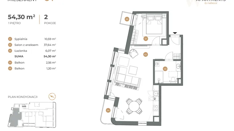 Rzut - Mieszkanie na sprzedaż 2 pokoje o powierzchni 54,3 m² - numer 1 w Witkiewicza Apartments