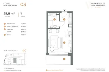 Rzut - Mieszkanie na sprzedaż 1 pokój o powierzchni 25,11 m² - numer 3 w Witkiewicza Apartments