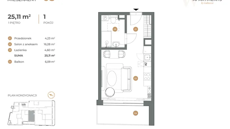 Rzut - Mieszkanie na sprzedaż 1 pokój o powierzchni 25,11 m² - numer 3 w Witkiewicza Apartments