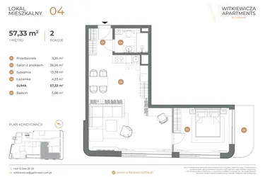 Rzut - Mieszkanie na sprzedaż 2 pokoje o powierzchni 57,33 m² - numer 4 w Witkiewicza Apartments