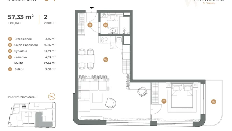 Rzut - Mieszkanie na sprzedaż 2 pokoje o powierzchni 57,33 m² - numer 4 w Witkiewicza Apartments