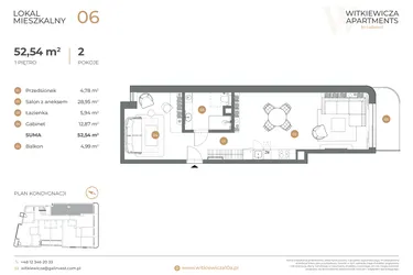 Rzut - Mieszkanie na sprzedaż 2 pokoje o powierzchni 52,54 m² - numer 6 w Witkiewicza Apartments