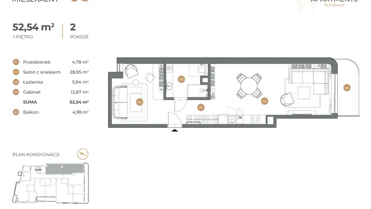 Rzut - Mieszkanie na sprzedaż 2 pokoje o powierzchni 52,54 m² - numer 6 w Witkiewicza Apartments