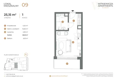 Rzut - Mieszkanie na sprzedaż 1 pokój o powierzchni 25,15 m² - numer 9 w Witkiewicza Apartments