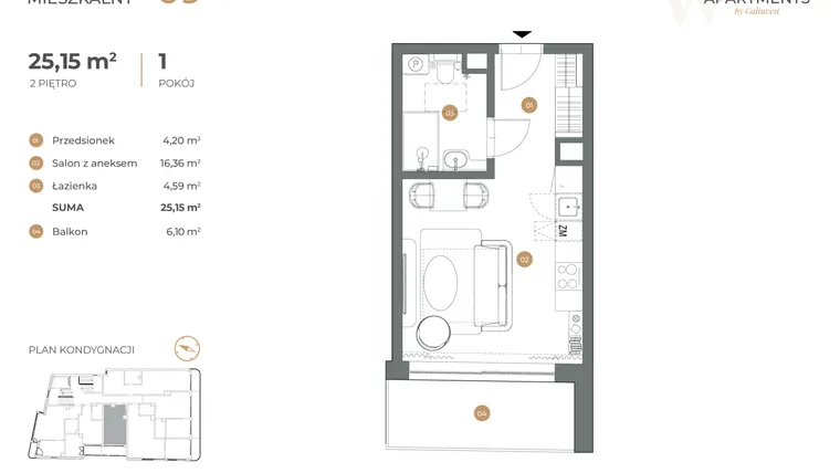 Rzut - Mieszkanie na sprzedaż 1 pokój o powierzchni 25,15 m² - numer 9 w Witkiewicza Apartments