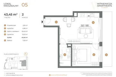 Rzut - Mieszkanie na sprzedaż 2 pokoje o powierzchni 43,45 m² - numer 5 w Witkiewicza Apartments
