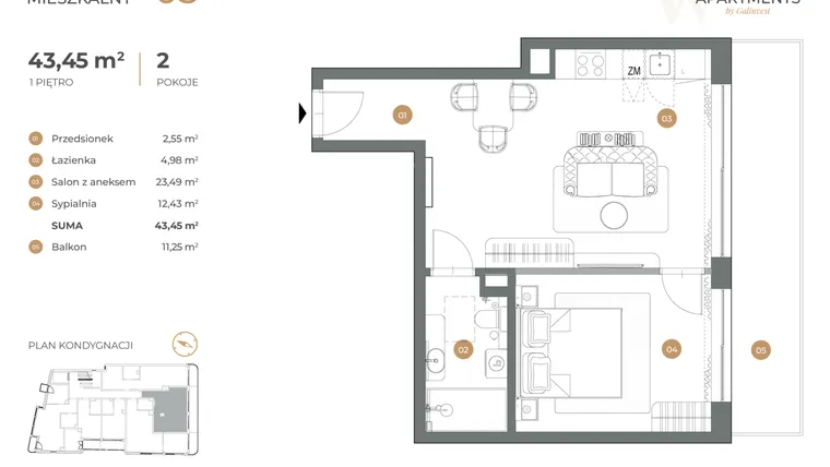Rzut - Mieszkanie na sprzedaż 2 pokoje o powierzchni 43,45 m² - numer 5 w Witkiewicza Apartments