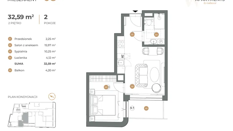 Rzut - Mieszkanie na sprzedaż 2 pokoje o powierzchni 32,59 m² - numer 8 w Witkiewicza Apartments