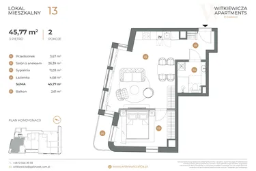Rzut - Mieszkanie na sprzedaż 2 pokoje o powierzchni 45,77 m² - numer 13 w Witkiewicza Apartments
