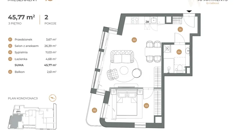 Rzut - Mieszkanie na sprzedaż 2 pokoje o powierzchni 45,77 m² - numer 13 w Witkiewicza Apartments