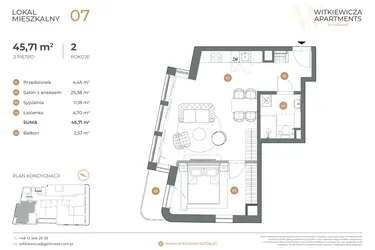 Rzut - Mieszkanie na sprzedaż 2 pokoje o powierzchni 45,71 m² - numer 7 w Witkiewicza Apartments