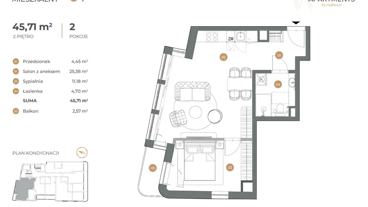 Rzut - Mieszkanie na sprzedaż 2 pokoje o powierzchni 45,71 m² - numer 7 w Witkiewicza Apartments