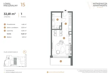 Rzut - Mieszkanie na sprzedaż 1 pokój o powierzchni 32,81 m² - numer 15 w Witkiewicza Apartments