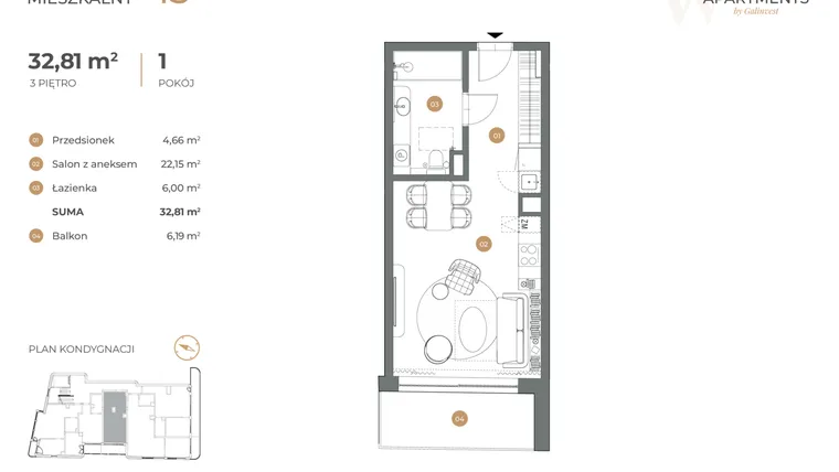 Rzut - Mieszkanie na sprzedaż 1 pokój o powierzchni 32,81 m² - numer 15 w Witkiewicza Apartments