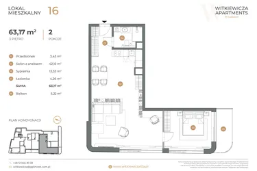 Rzut - Mieszkanie na sprzedaż 2 pokoje o powierzchni 63,17 m² - numer 16 w Witkiewicza Apartments