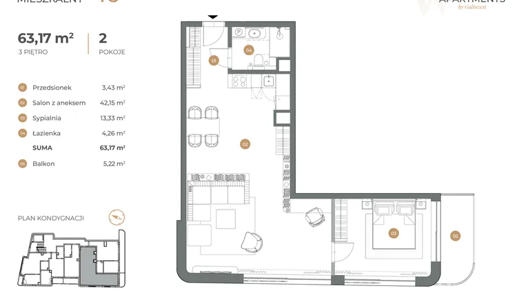 Rzut - Mieszkanie na sprzedaż 2 pokoje o powierzchni 63,17 m² - numer 16 w Witkiewicza Apartments