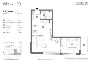 Rzut - Mieszkanie na sprzedaż 2 pokoje o powierzchni 57,06 m² - numer 10 w Witkiewicza Apartments