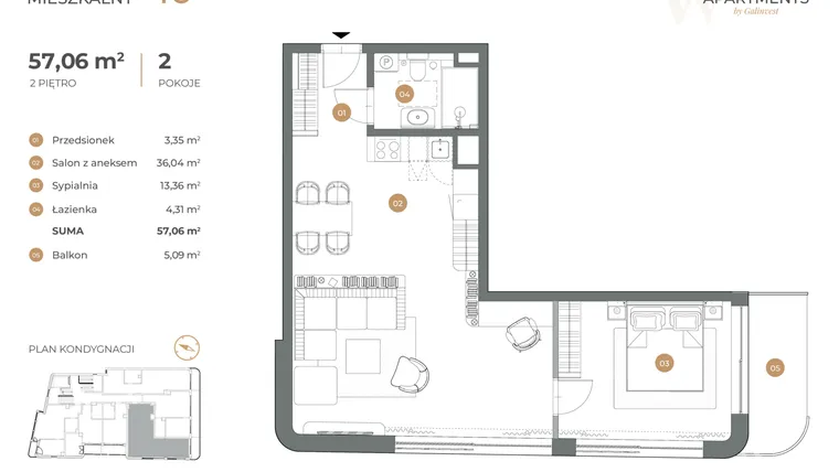 Rzut - Mieszkanie na sprzedaż 2 pokoje o powierzchni 57,06 m² - numer 10 w Witkiewicza Apartments