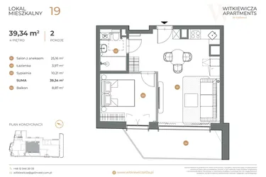 Rzut - Mieszkanie na sprzedaż 2 pokoje o powierzchni 39,34 m² - numer 19 w Witkiewicza Apartments