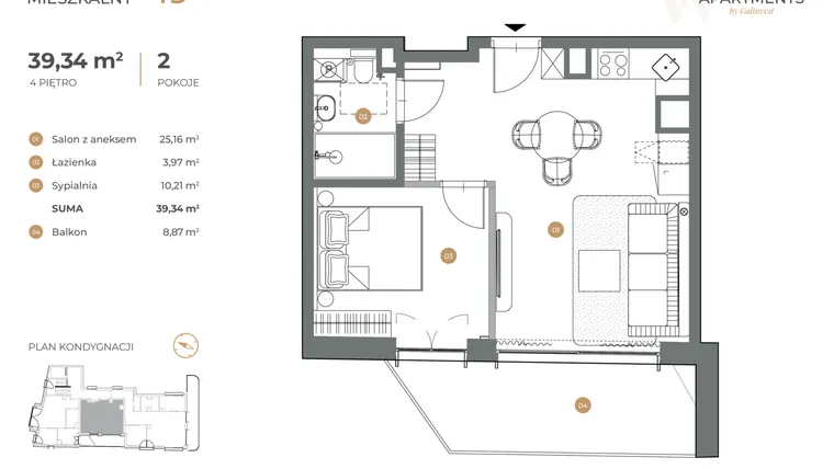 Rzut - Mieszkanie na sprzedaż 2 pokoje o powierzchni 39,34 m² - numer 19 w Witkiewicza Apartments