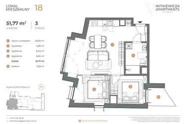 Rzut - Mieszkanie na sprzedaż 3 pokoje o powierzchni 51,77 m² - numer 18 w Witkiewicza Apartments