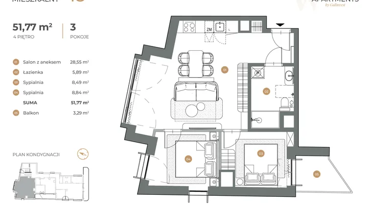 Rzut - Mieszkanie na sprzedaż 3 pokoje o powierzchni 51,77 m² - numer 18 w Witkiewicza Apartments