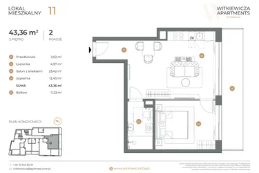 Rzut - Mieszkanie na sprzedaż 2 pokoje o powierzchni 43,36 m² - numer 11 w Witkiewicza Apartments