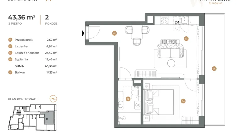 Rzut - Mieszkanie na sprzedaż 2 pokoje o powierzchni 43,36 m² - numer 11 w Witkiewicza Apartments