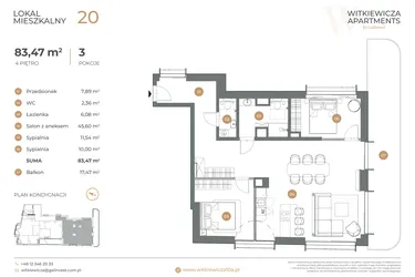 Rzut - Mieszkanie na sprzedaż 3 pokoje o powierzchni 83,47 m² - numer 20 w Witkiewicza Apartments