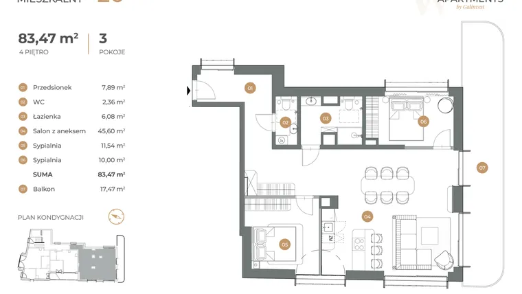 Rzut - Mieszkanie na sprzedaż 3 pokoje o powierzchni 83,47 m² - numer 20 w Witkiewicza Apartments