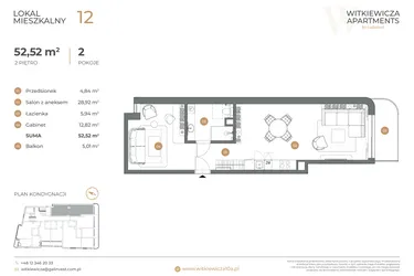 Rzut - Mieszkanie na sprzedaż 2 pokoje o powierzchni 52,52 m² - numer 12 w Witkiewicza Apartments