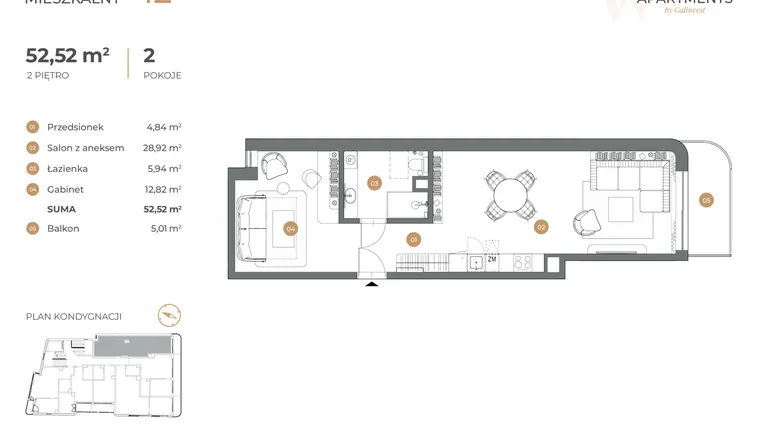 Rzut - Mieszkanie na sprzedaż 2 pokoje o powierzchni 52,52 m² - numer 12 w Witkiewicza Apartments