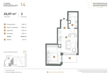 Rzut - Mieszkanie na sprzedaż 2 pokoje o powierzchni 35,07 m² - numer 14 w Witkiewicza Apartments