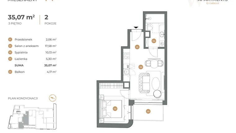 Rzut - Mieszkanie na sprzedaż 2 pokoje o powierzchni 35,07 m² - numer 14 w Witkiewicza Apartments