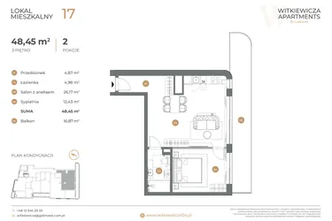 Rzut - Mieszkanie na sprzedaż 2 pokoje o powierzchni 48,45 m² - numer 17 w Witkiewicza Apartments