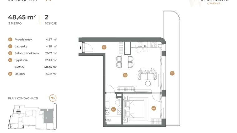 Rzut - Mieszkanie na sprzedaż 2 pokoje o powierzchni 48,45 m² - numer 17 w Witkiewicza Apartments