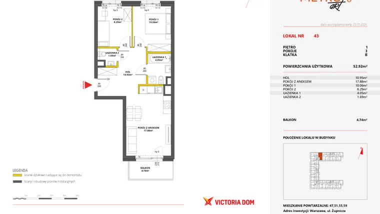 Rzut - Mieszkanie na sprzedaż 3 pokoje o powierzchni 52,92 m² - numer 43 w Metro Art 6