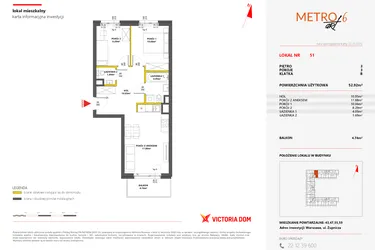 Rzut - Mieszkanie na sprzedaż 3 pokoje o powierzchni 52,92 m² - numer 51 w Metro Art 6