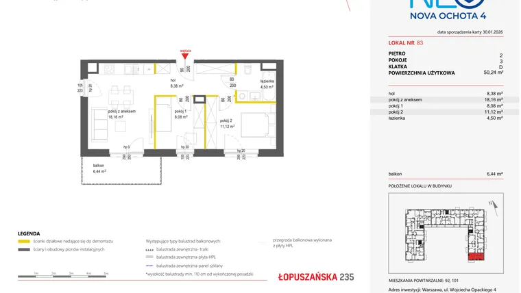 Rzut - Mieszkanie na sprzedaż 3 pokoje o powierzchni 50,24 m² - numer 83 w Neo Nova Ochota 4