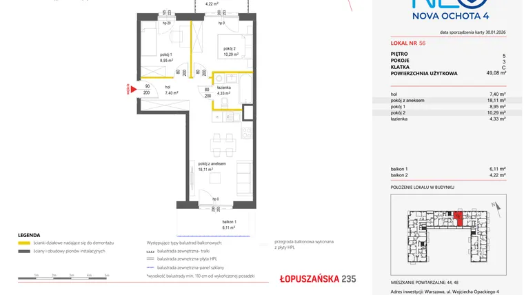 Rzut - Mieszkanie na sprzedaż 3 pokoje o powierzchni 49,08 m² - numer 56 w Neo Nova Ochota 4