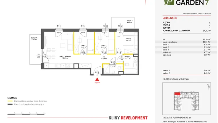 Rzut - Mieszkanie na sprzedaż 4 pokoje o powierzchni 64,5 m² - numer 39 w Nova Viva Garden 7