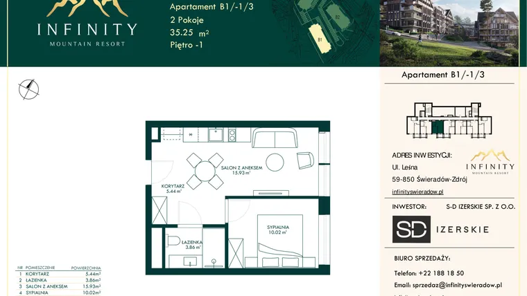 Rzut - Mieszkanie na sprzedaż 2 pokoje o powierzchni 35,25 m² - numer B1/-1/3 w Infinity Mountain Resort etap 2