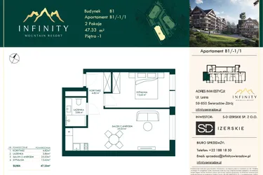 Rzut - Mieszkanie na sprzedaż 2 pokoje o powierzchni 47,33 m² - numer B1/-1/1 w Infinity Mountain Resort etap 2