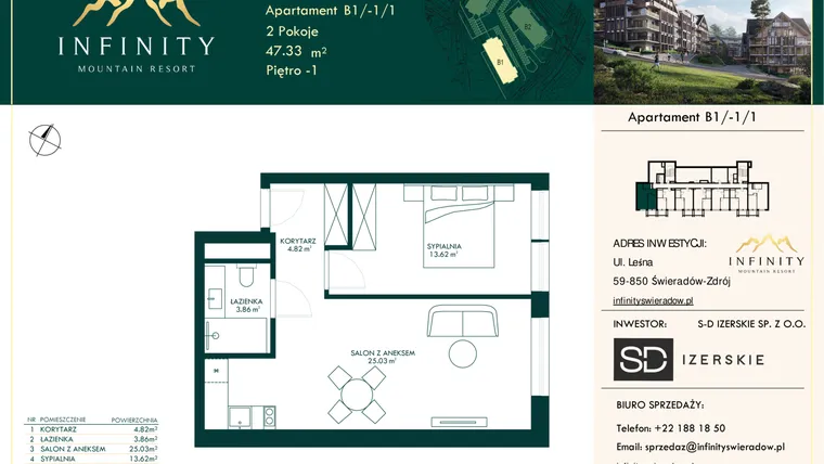 Rzut - Mieszkanie na sprzedaż 2 pokoje o powierzchni 47,33 m² - numer B1/-1/1 w Infinity Mountain Resort etap 2