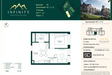 Rzut - Mieszkanie na sprzedaż 2 pokoje o powierzchni 35,11 m² - numer B1/-1/4 w Infinity Mountain Resort etap 2