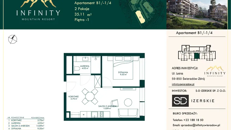 Rzut - Mieszkanie na sprzedaż 2 pokoje o powierzchni 35,11 m² - numer B1/-1/4 w Infinity Mountain Resort etap 2