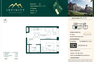Rzut - Mieszkanie na sprzedaż 2 pokoje o powierzchni 34,95 m² - numer B1/-1/2 w Infinity Mountain Resort etap 2