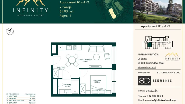 Rzut - Mieszkanie na sprzedaż 2 pokoje o powierzchni 34,95 m² - numer B1/-1/2 w Infinity Mountain Resort etap 2