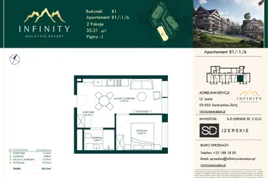 Rzut - Mieszkanie na sprzedaż 2 pokoje o powierzchni 35,31 m² - numer B1/-1/6 w Infinity Mountain Resort etap 2