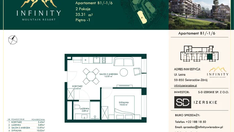 Rzut - Mieszkanie na sprzedaż 2 pokoje o powierzchni 35,31 m² - numer B1/-1/6 w Infinity Mountain Resort etap 2